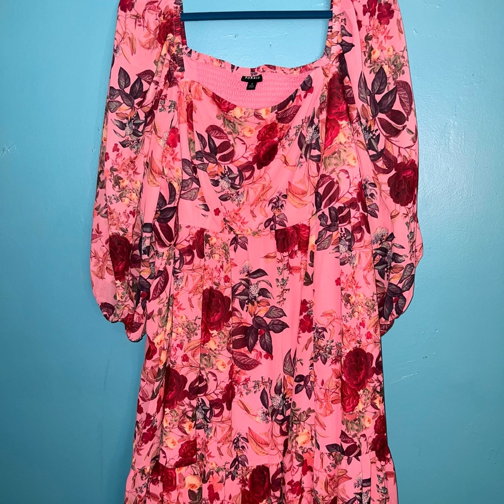 Torrid Pink Floral Dress with Red and Leaf Accents